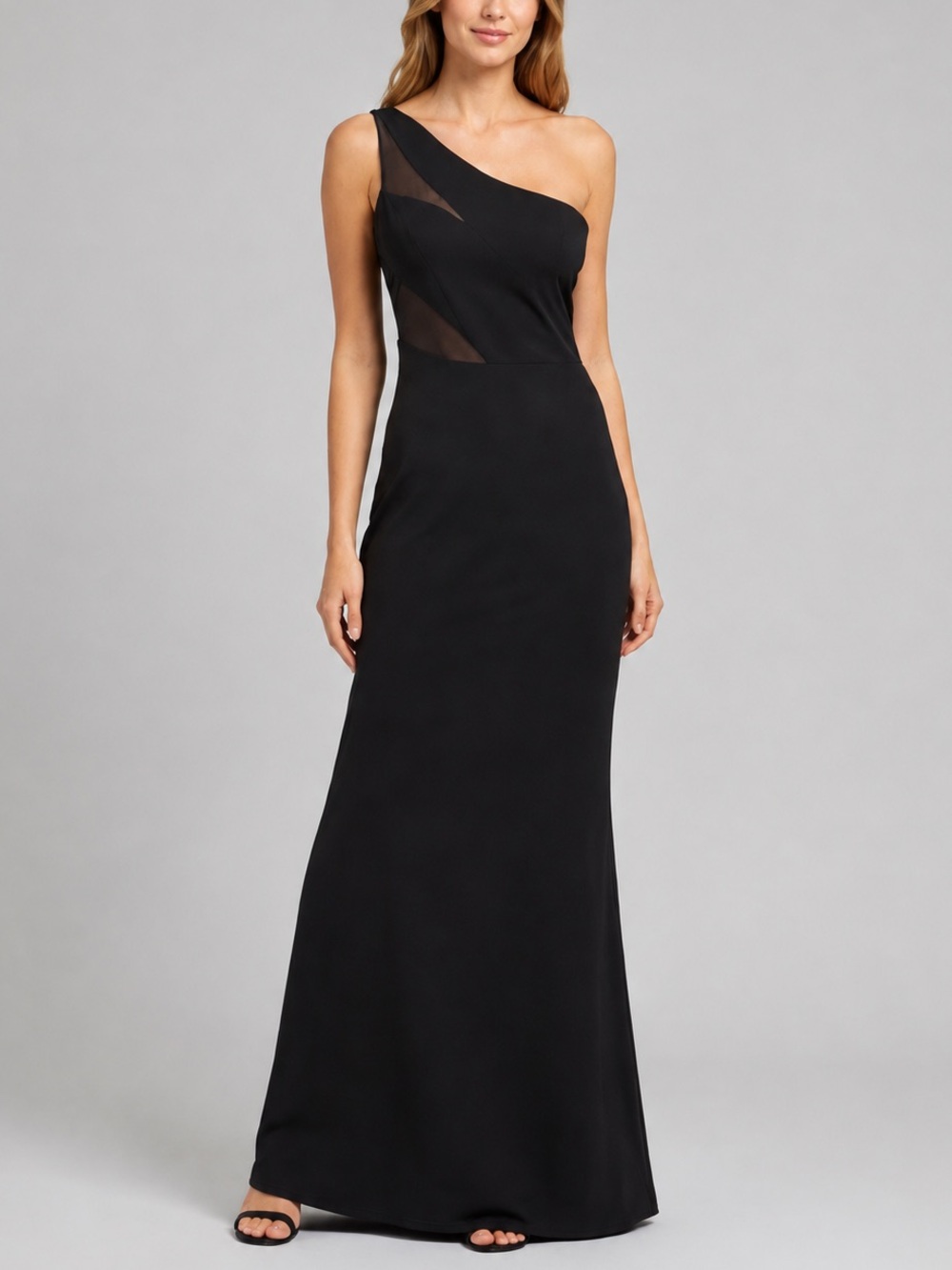 🆕🖤✨Laundry by Shelli Segal Black One Shoulder Mesh Panel Maxi Gown Dress Party